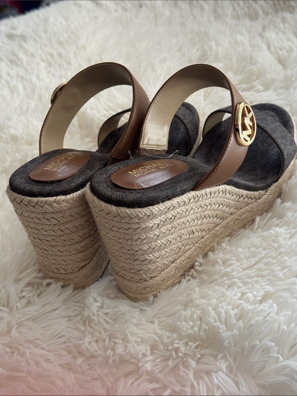 Michael Kors Brown and Tan MK Logo Espadrille Wedge Sandals - Picture 3 of 3